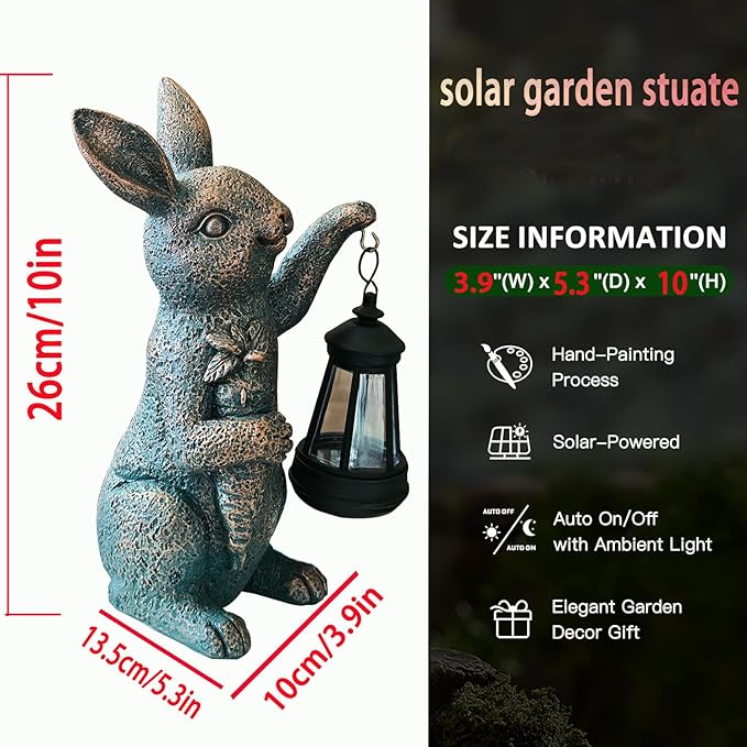 Solar Garden Statues -Rabbit Lantern Outdoor Handmade Resin Statue with LED Light Cute Carrot Holder for Patio Yard Gift Ideas (rabbit2)