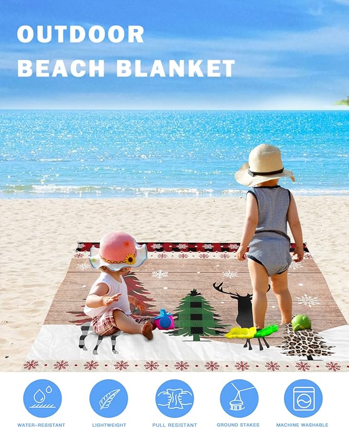 Beach Blanket Waterproof Sandproof Christmas Tree Elk Shadow Winter Snow Quick Drying Beach Mat with 4 Stakes Leopard Trees Farm Vintage Wood Lightweight Picnic Blanket for Travel Camping 108x84