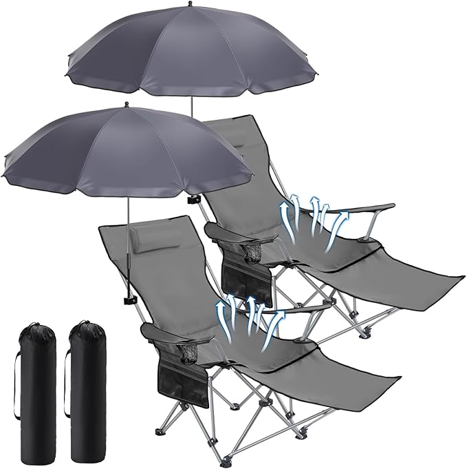 Karenhi 2 Set Beach Camping Chair with Umbrella for Adult Folding Reclining Camping Chair with Foot Rest Adjustable Clamp Canopy Shade for Outdoor Patio Travel Beach (Grey)