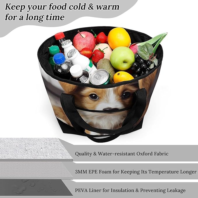 Insulated Shopping BagLarge Reusable Cooler Bags Cute Puppy Dog Printed Foldable Shopping BagTravel Waterproof Shoulder Bag
