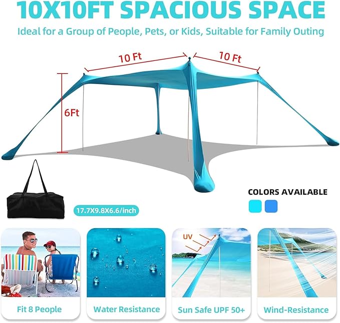 Beach Tent Sun Shelter UPF50+ 10x10 FT Family Pop Up Sun Shade with 4 Aluminum Poles Carrying Bag Floor Mat Sunglasses Sand Shovel Outdoor Shade Canopy for Beach Camping