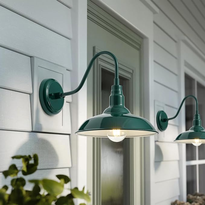 10in Outdoor Gooseneck Barn Light Wall Mount Green Exterior Farmhouse Porch Lights with White Interior Small Dome Outdoor Patio Gooseneck Wall Sconce Garage Lighting for House Cabin