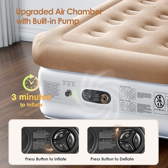 Air Mattress Queen with Built in Pump 18'' Luxury Inflatable Mattress 3 Min Fast Blow up Mattress with Dual-Chamber Comfort Top - Velvety Air Bed for Home Camping Travel Guests White + Khaki