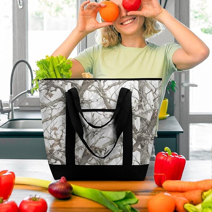 Insulated Shopping BagLarge Reusable Cooler Bags White Tree Camo Printed Foldable Shopping BagTravel Waterproof Shoulder Bag