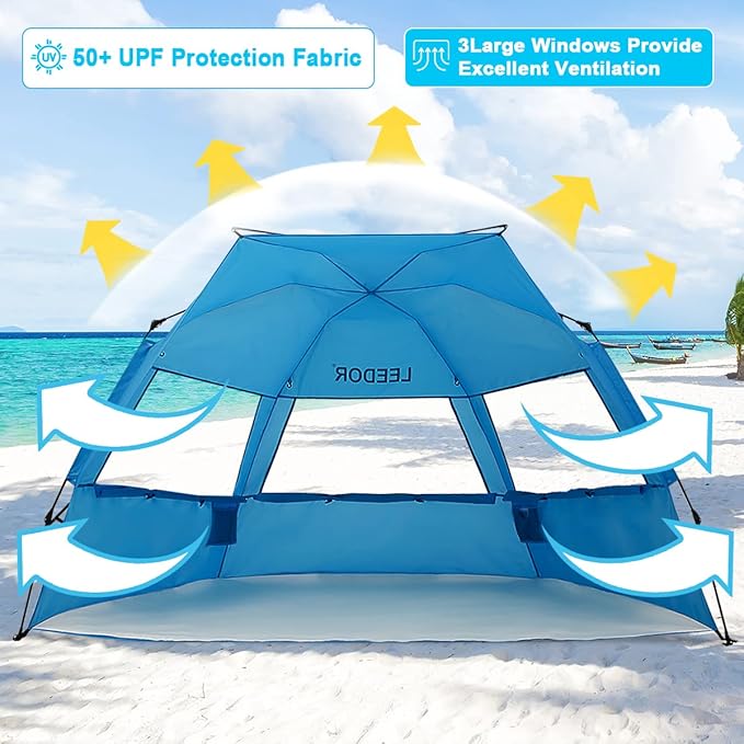 LEEDOR® Beach Tent Sun Shelter Instant Beach Umbrella with UPF 50+ UV Portable Windproof Pop Up Shade for 3 to 4 Person for Family Patent Pending