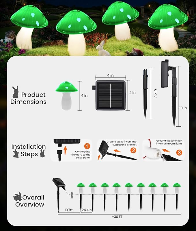 Solar Mushroom Lights Outdoor 9 Pack Garden Outdoor Decor 8 Lighting Modes IP65 Waterproof Crystal-Clear Fairy Decoration for Pathway/Yard/Flower Bed/Patio/Landscape/Backyard/Dwarf String 30 FT