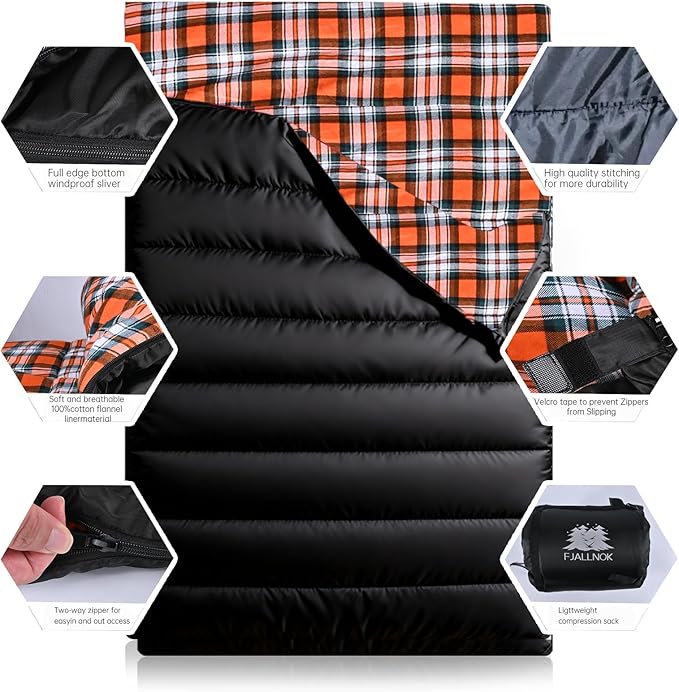 Double Sleeping Bag Cotton Flannel for Camping Backpacking Or Hiking. Queen Size 2 Person Waterproof Sleeping Bag for Adults Or Teens. Lightweight with Compression Sack