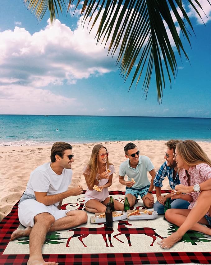 Beach Blanket Waterproof Sandproof Christmas Animal Elk Tree Winter Snowflake Quick Drying Beach Mat with 4 Stakes Red Green Buffalo Grid Shadow Lightweight Picnic Blanket for Travel 95x80