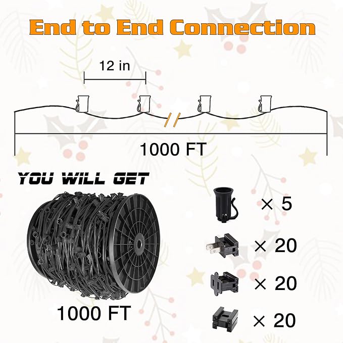 1000FT C7 Light String Christmas Stringer E12 Christmas Sockets 12 Spacing C7 Stringer Set Green Outdoor String Light for Wedding Patio Event Lighting Decor Black Wire