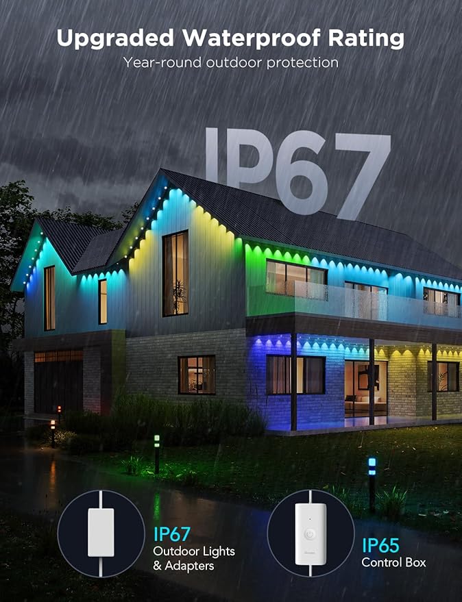 Govee Permanent Outdoor Lights Pro 100ft with 60 RGBIC LED Lights for Daily and Accent Lighting 75 Scene Modes for Outdoor Decor IP67 Waterproof Works with Alexa Google Assistant Matter White