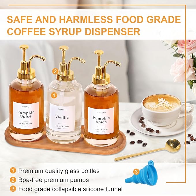 Coffee Syrup Dispenser for Coffee Bar 16.9oz 500ml Glass Syrup Dispenser w Golden Coffee Scoop Coffee Syrup Pump Dispenser w 36 Labels and Bamboo Tray Coffee Syrup Bottles with Golden Pump 3PCS