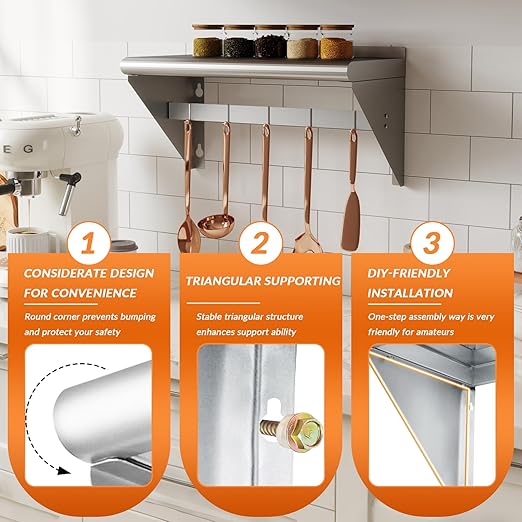 Commercial Stainless Steel Shelf with 5 Hooks 12 x 24 Wall Mounted Food Service Storage Rack Shelves Heavy Duty 250 lb Metal Shelf for Kitchen Restaurant Food Truck Garage Laundry Room