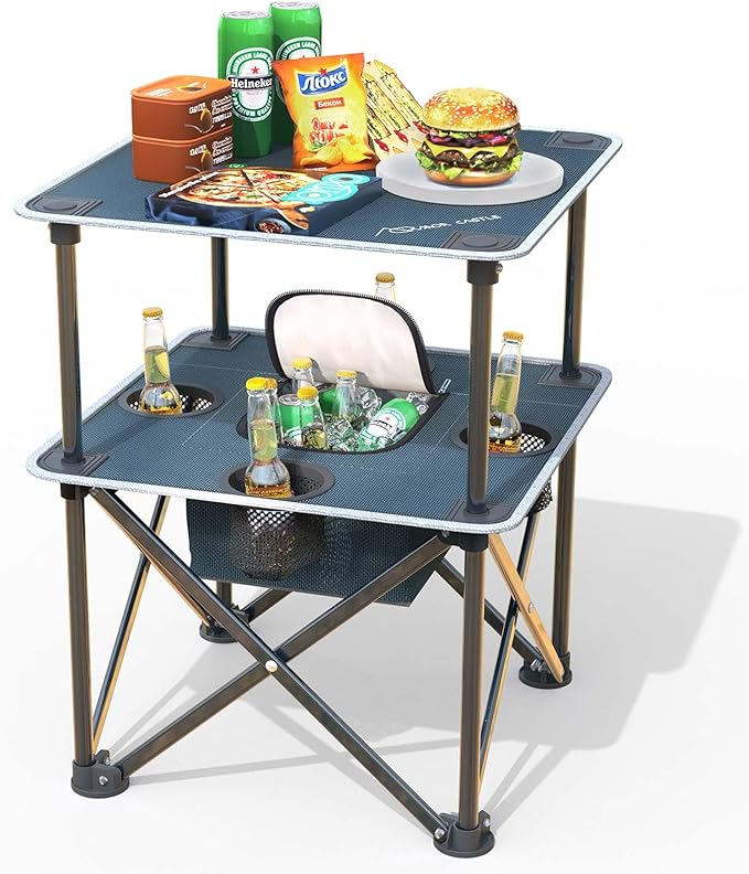 Folding Beach Table Camping Table for Sand with Insulated Cooler Storage &amp 4 Cup Holders Portable Pop Up Picnic Table Lightweight Side Table for Outdoor