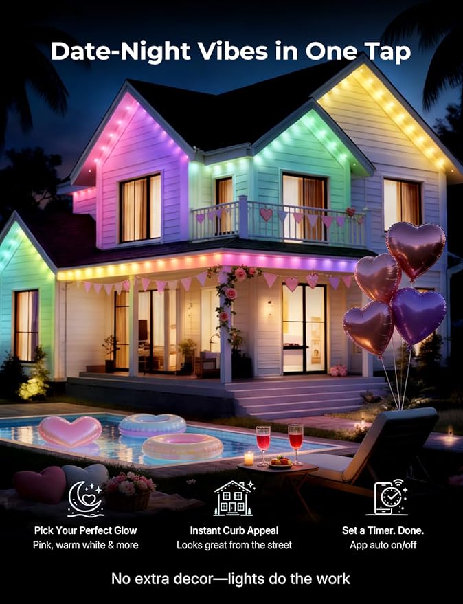Permanent Outdoor Lights for House -Eaves Lights 50FT with 25 IC+RGBCW LED IP67 Waterproof Smart Outside LED Christmas Light with App/Remote Eternity Lighting for Holiday/Daily