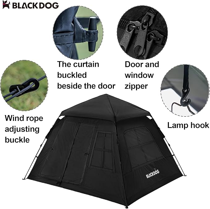 Blackdog Portable Camping Tent - 2-4 Person Waterproof Instant Pop Up Tent UPF50+ Sun Protection 5㎡ Large Space for Family Car Camping &amp Traveling Easy Setup (Black)