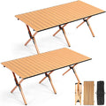 Suzile 2 Pack 4FT Folding Camping Table Roll Up Portable Camp Table with Carry Bag Low Collapsible Lightweight Aluminum Outdoor for Camping Picnic Beach Patio Kitchen(Yellow Wood Color)