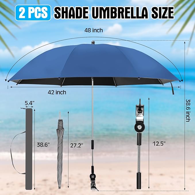 Talltalk 2 Pcs Beach Umbrella with Universal Clamp Adjustable Beach Shade UV Protection Chair Portable Outdoor Umbrella for Camping Patio Chairs Golf Carts