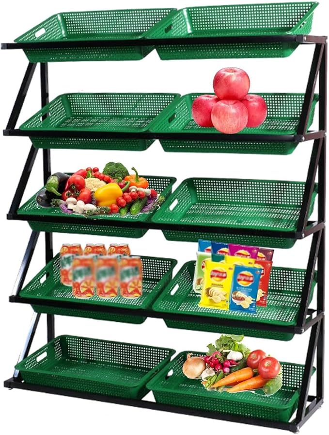 Fruit Vegetable Basket Shelf 5 Layer Retail Display Rack Market Shelf with 10 Baskets Standing Supermarket Snack Candy Display Organizer for Kitchen/Store/Garage