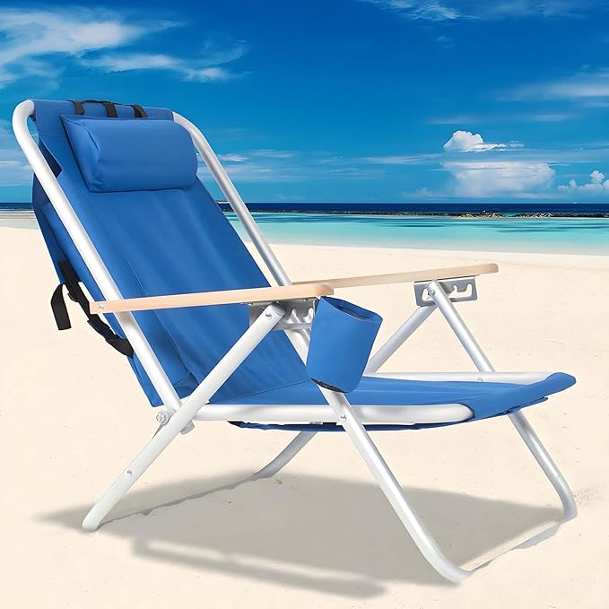 Beach Chairs for Adults 5 Level Adjustable Positions Beach Chair with Headrest Cup Holder Towel Rack &amp Armrests Lightweight Portable Lay Flat Camp Chairs for Lawn Concert Garden Picnic Blu