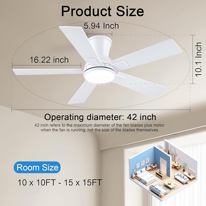 Modern Ceiling Fans with Lights - 42 Low Profile Ceiling Fan with Light and Remote Flush Mount Reversible DC Motor 6-Speed Quiet LED Dimmable for Bedroom Indoor and Outdoor Patios White