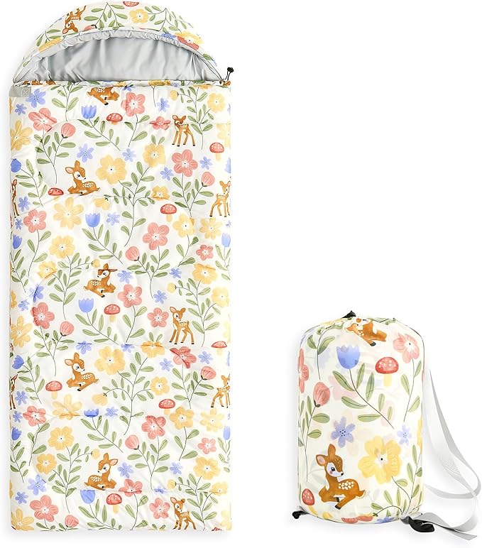 Wake In Cloud - Kids Sleeping Bag for Girls Toddlers Camping in Warm Cold Weather Backpacking Lightweight Compact Outdoor Liner for 3 Seasons Deer Floral Garden