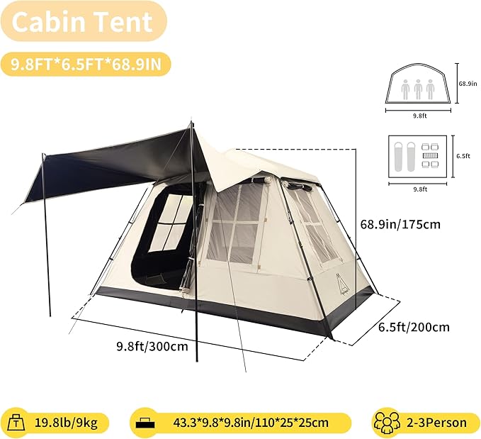 TENPLAY 2-4Person Instant Cabin TentPortable Pop Up TentOne-TouchSetup with 60sSpacious InteriorBlackCoatingWaterproof5000mmIncludes RainflyCanopy Blackout Tents for CampingHikingFamily