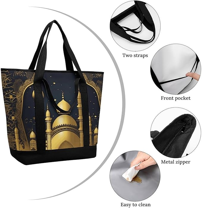 Insulated Shopping BagLarge Reusable Cooler Bags Eid Golden Mosque Printed Foldable Shopping BagTravel Waterproof Shoulder Bag