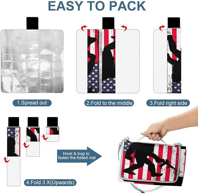 Vintage Bigfoot Sasquatch Monsters American Flag Waterproof Outdoor Picnic Blanket Sandproof Beach Mat for Camping Hiking Grass Travelling