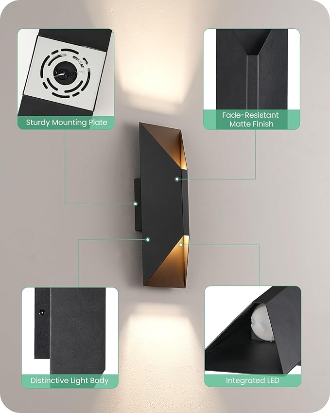 GOBLESON Outdoor Wall Light Set of 2 IP65 Waterproof Porch Lights Outdoor 1600LM 3000K Warm White Up Down Exterior Lighting for House Patio Garage Matte Black Modern (Contemporary 2)