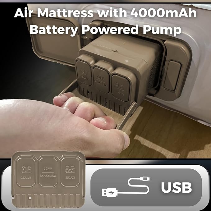 Twin Size Air Mattress - 4000mAh Built-in Rechargeable Pump 10 Inch Foldable Blow Up Air Bed for Camping Travel 3-Minute Quick Inflation/Deflation Colchon Inflable Mattress Khaki