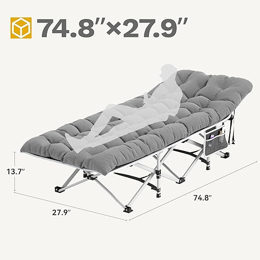 DWVO 2PCS Camping Cots Portable Recliner Lounge Chair w/Mattress Outdoor Folding Cot Heavy Duty 575 LB Capacity 1200D Oxford w/Carry Bag Travel Camp Bed for Camping Office Traveling Grey