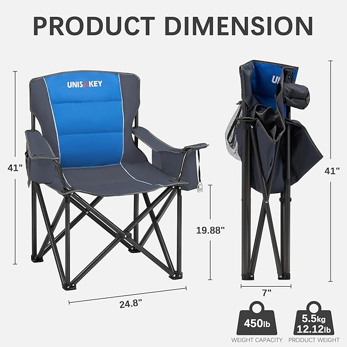 Oversized Folding Camping Chair for Adults - 450lbs Support - Heavy Duty Portable Lawn Chairs with Side Pocket Cup Holder Cooler Bag for Sports Garden Beach Fishing Blue