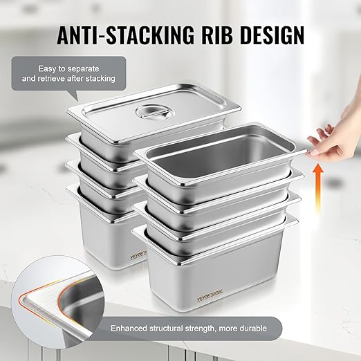 VEVOR 8 Pack Hotel Pans with Lids 1/3 Size Anti-Jam Steam Pan 0.8mm Thick Stainless Steel Steam Table Pan 6-Inch Deep Commercial Table Pan Catering Storage Food Pan for Industrial &amp Scientifi