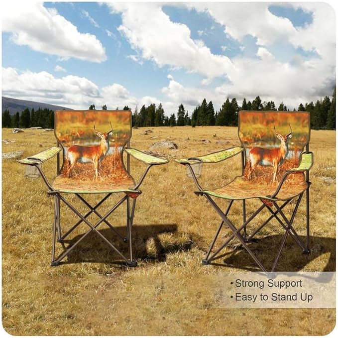 2 Pcs Animal Pattern Camping ChairFolding Backpacking Lightweight Beach Chair w/Cup HolderSide PocketCarry BagPortable Adults Lawn Chair for Family OutdoorHikingPartiesAntelope