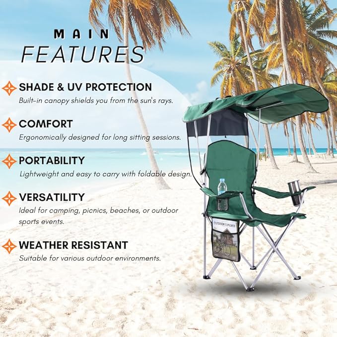 Portable Folding Camping Chairs with Canopy Shade Beach Chair for Adults Durable Weather Resistant 600D Oxford Cloth Camping Chair with Canopy for Outdoors [Green]