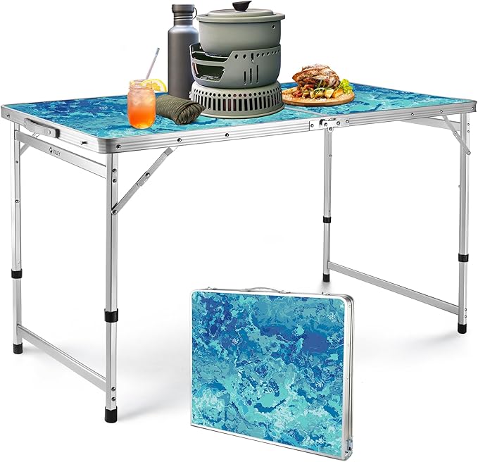 VILLEY Folding Camping Table 4FT Large Portable Aluminum Table with Adjustable Height Foldable Lightweight Picnic Table with Carry Handle for Camping BBQ Outdoor &amp Indoor Activities
