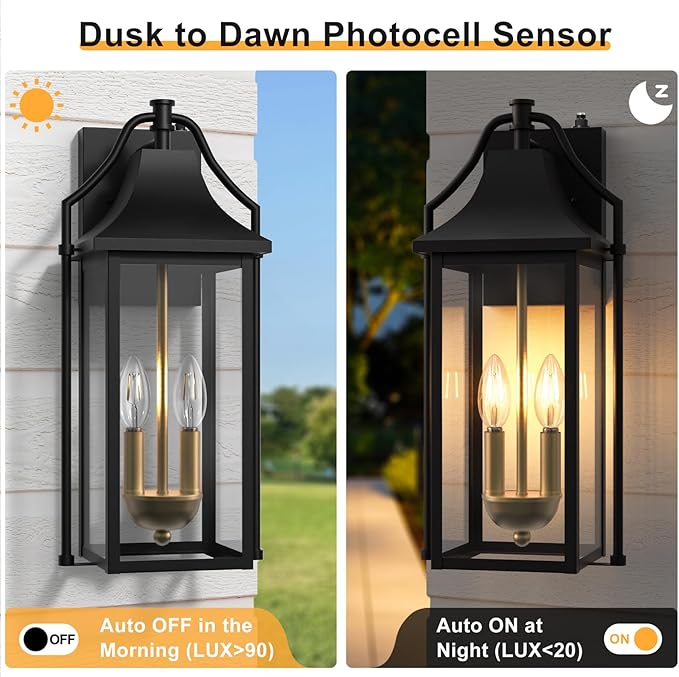 𝟏𝟖𝑰𝑵 Outdoor Wall Sconce Fixture Dusk to Dawn Patio Lights Waterproof Exterior Lanterns 2-Light Modern Wall Lights Mounted with Glass Black Outside Light for House Front Door Decor