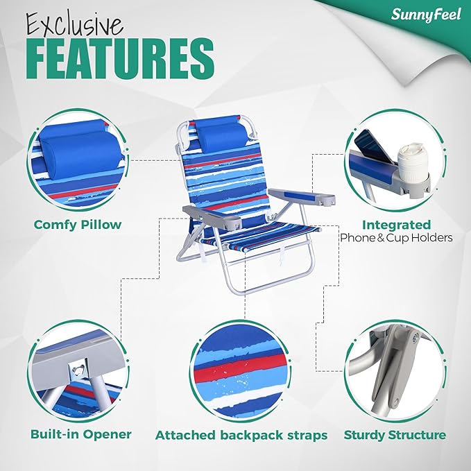 SUNNYFEEL Extra Wide Low Beach Chair 5 Position Lay Flat 500 LBS Heavy Duty XL Oversized Portable Folding Camping Chairs with Cup Holder for Outdoor/Trip Lightweight Backpack Beach Chair for Adults