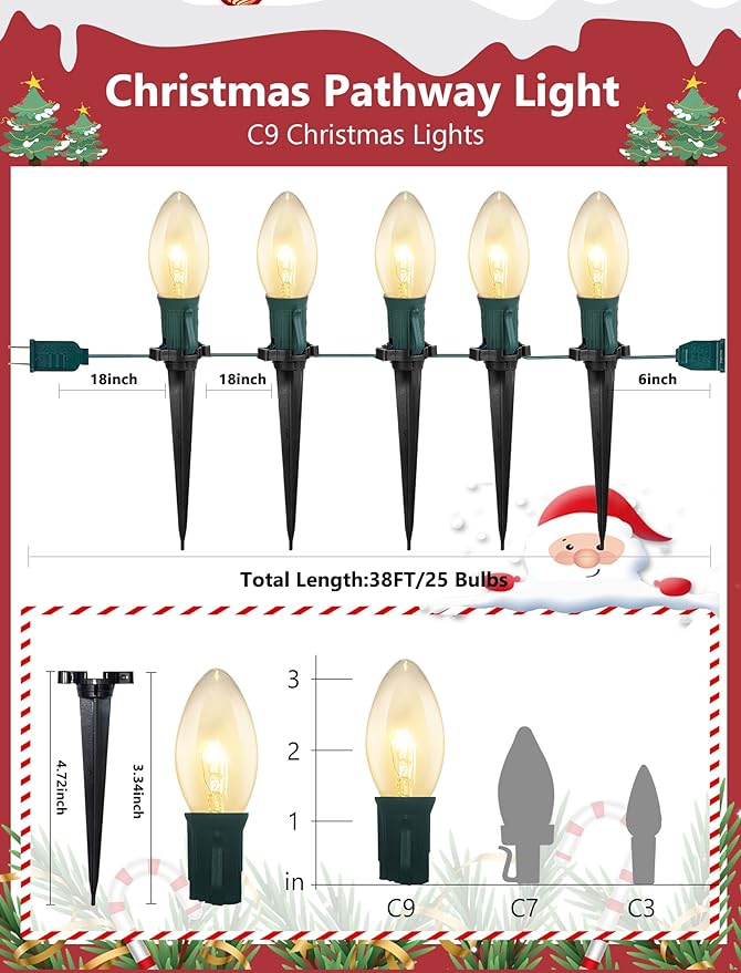 C9 Christmas Pathway Lights Outdoor 38Ft Outside Christmas Decorations with 25 7W Clear Bulbs and Stakes Waterproof Walkway String Lights for Outside Driveway Sidewalk Yard Path Holiday Xmas Decor