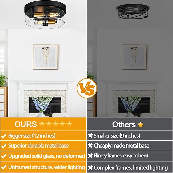 Flush Mount Ceiling Light Fixtures 2-Light Black and Gold Ceiling Mount for Farmhouse with Seeded Glass Lampshade Industrial Flush Mount Light Fixture for Hallway Kitchen Entryway and Foyer