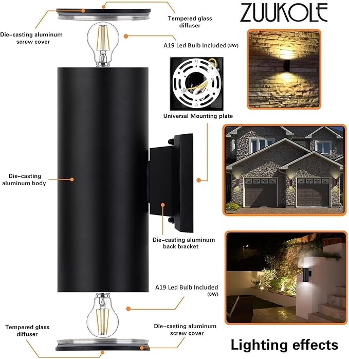 Outdoor Wall Light Exterior Lighting - ETL Listed 2 Light Bulbs Included Aluminum Waterproof Wall Mount Cylinder Design - Up Down Light Fixture for Porch Backyard and Patio
