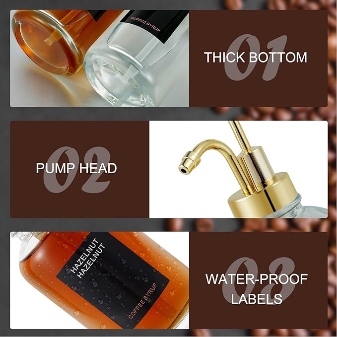 2PCS Coffee Syrup Dispensers 500ml Glass Bottles with Stainless Steel Pump - Drip - Free Design for Kitchen Coffee Bar Olive Oil and Bathroom Use