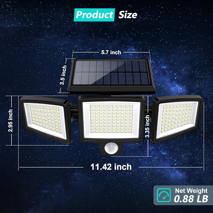 Tuffenough Solar Outdoor Lights 2500LM 210 LED Security Lights with Remote Control3 Heads Motion Sensor Lights IP65 Waterproof270° Wide Angle Flood Wall Lights with 3 Modes(4 Pack)