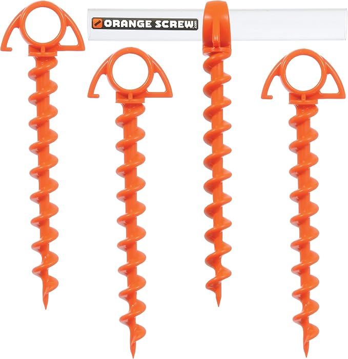 Orange Screw Ultimate Ground Anchors: Heavy Duty Screw-in Tent Stakes for High Wind Sand Canopies and Camping - Made in USA 100% Recycled Included T-Grip Tool - (Small 4 Pack)