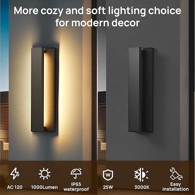 15.7 in Modern Outdoor Wall Light Fixtures 3000K LED Exterior Lighting Fixtures Long Black Outside Porch Light for House Garage Patio Door2 Pack