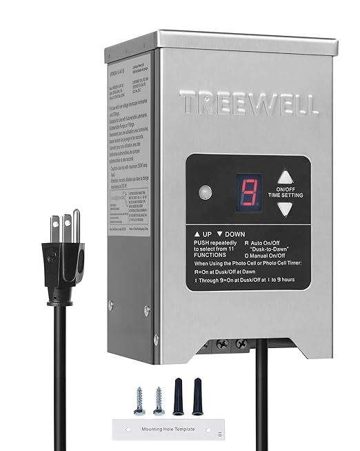 150W Low Voltage Landscape Transformer Outdoor Landscape Lighting Transformer with Photocell Sensor &amp Timer 120V AC to 12V/15V AC Stainless Steel Weatherproof Transformer ETL Listed