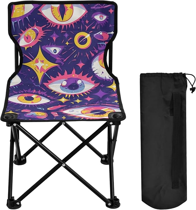 Cartoon Mystery Purple Eyes Folding Foldable Chairs Indoor Lightweight Beach Chair Backpack with Carrying Bag Lawn Chairs for Adults Heavy Duty for Hiking Lawn