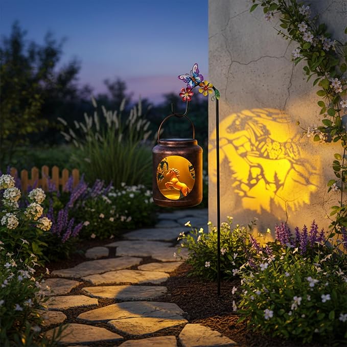 Horse Solar Lanterns Outdoor with Shepherds Hook and Resin Horse Figurine Inside LanternGifts for Women Mom Grandma Hanging Solar Lights for Garden Yard Patio Backyard