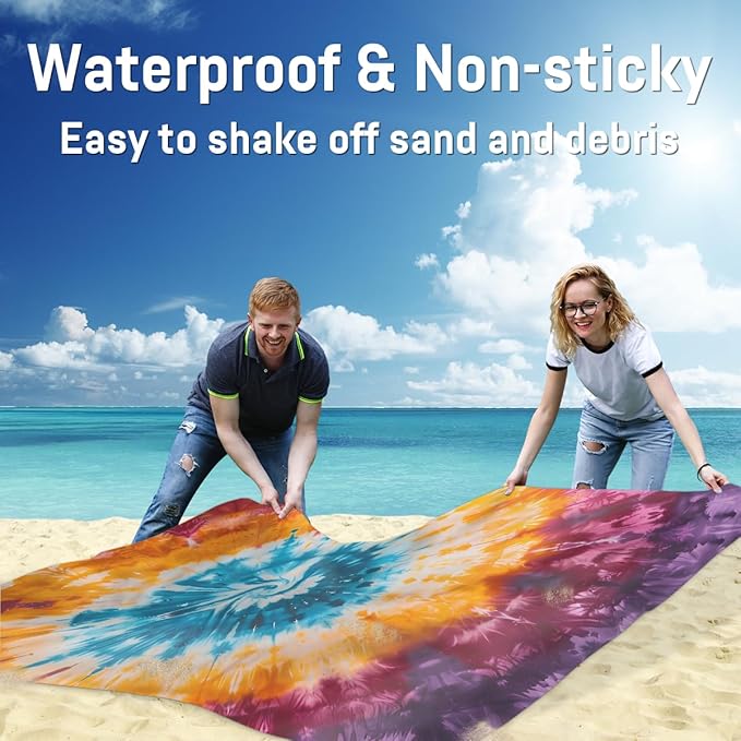 Waterproof Sandproof Beach Blanket 59''×68'' Pattern Tie Dye Polyester Outdoor Picnic Blanket with 4 Stakes &amp Storage Bag for BeachCampingVacation Multi-Color