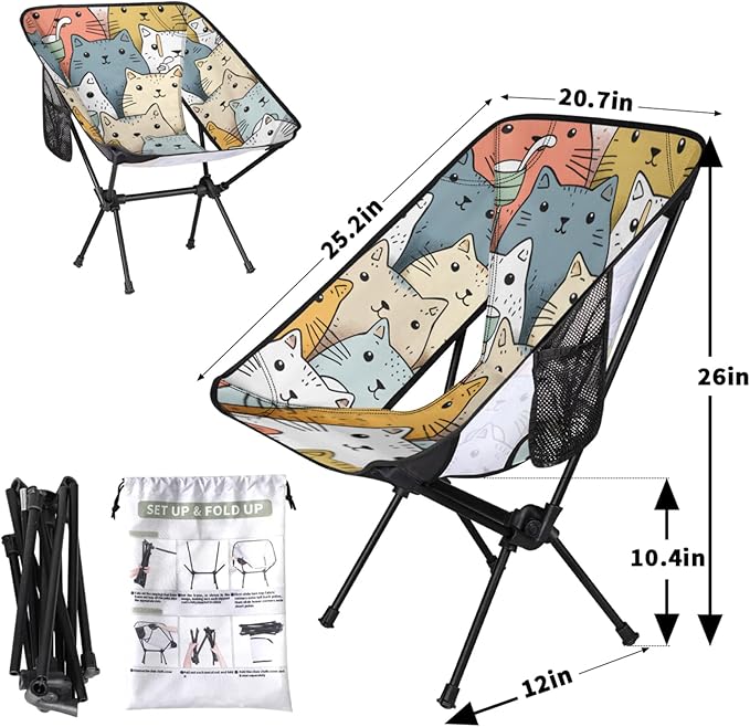 Honeybaby Folding Camping Chair Cartoon Cats Theme Camping Chairs Lightweight Portable Chair Outdoor Foldable Chairs for Camping Travel Picnic Beach Hiking